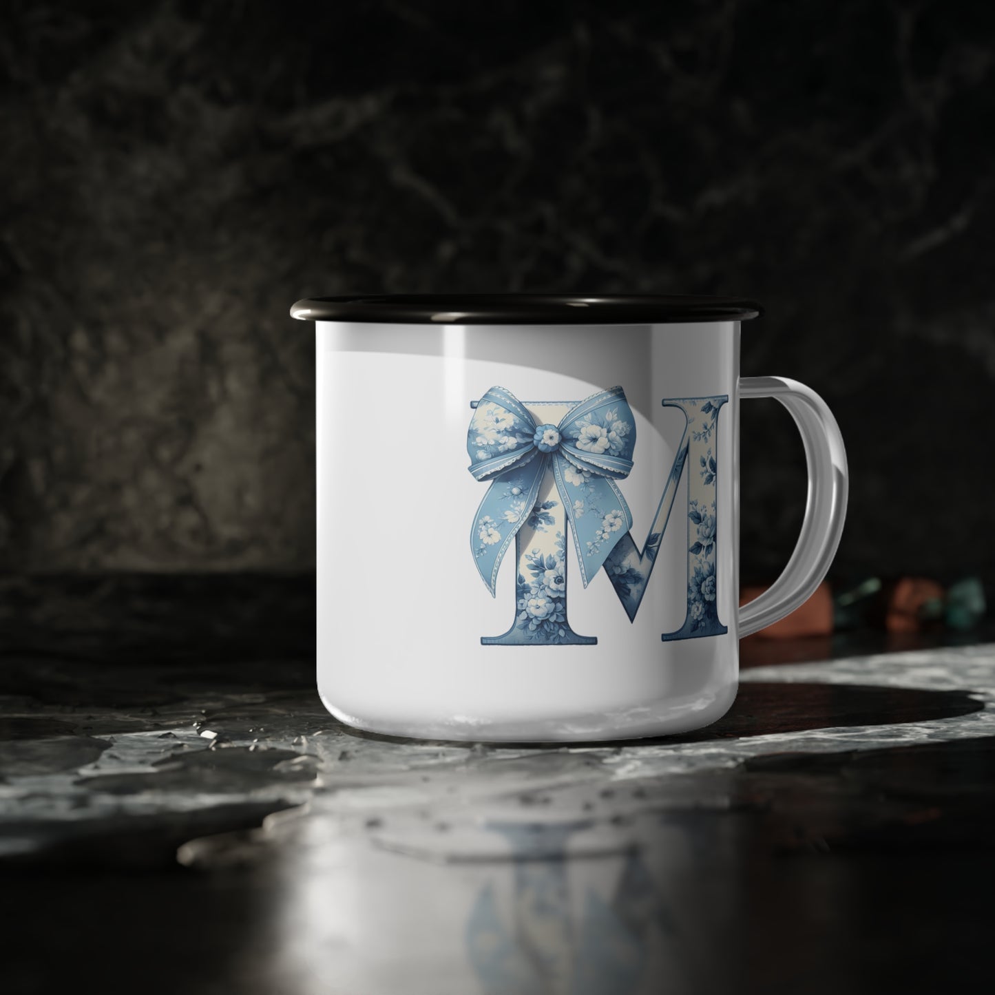 Enamel Camp Cup, Customize Blue Floral, Great for Gifts, Unique Kid Cups, Keepsake Mug, Blue Bow Design