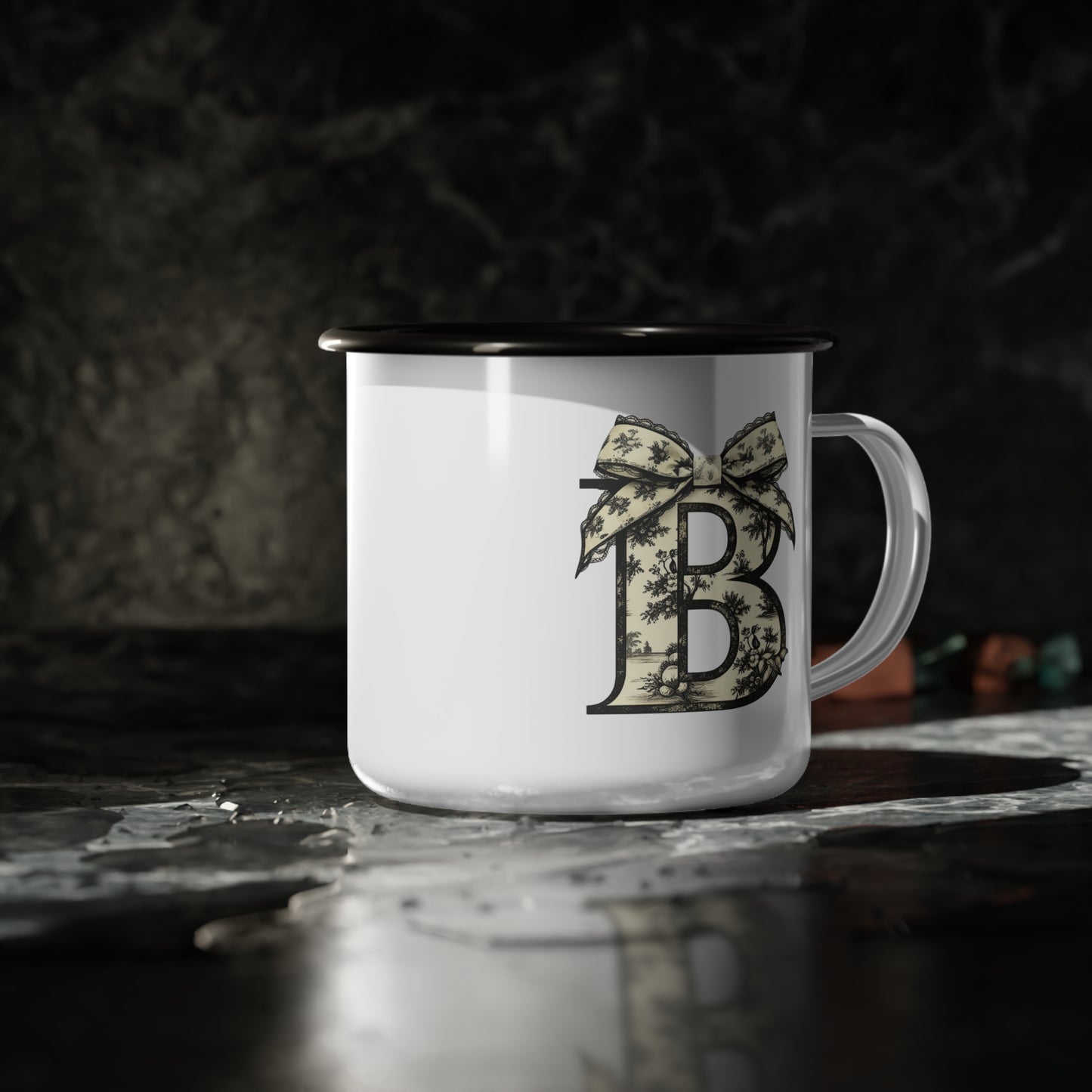 Enamel Camp Cup, Customize Tan/Charcoal Floral, Great for Gifts, Unique Kid Cups, Keepsake Mug, Tan Bow Design