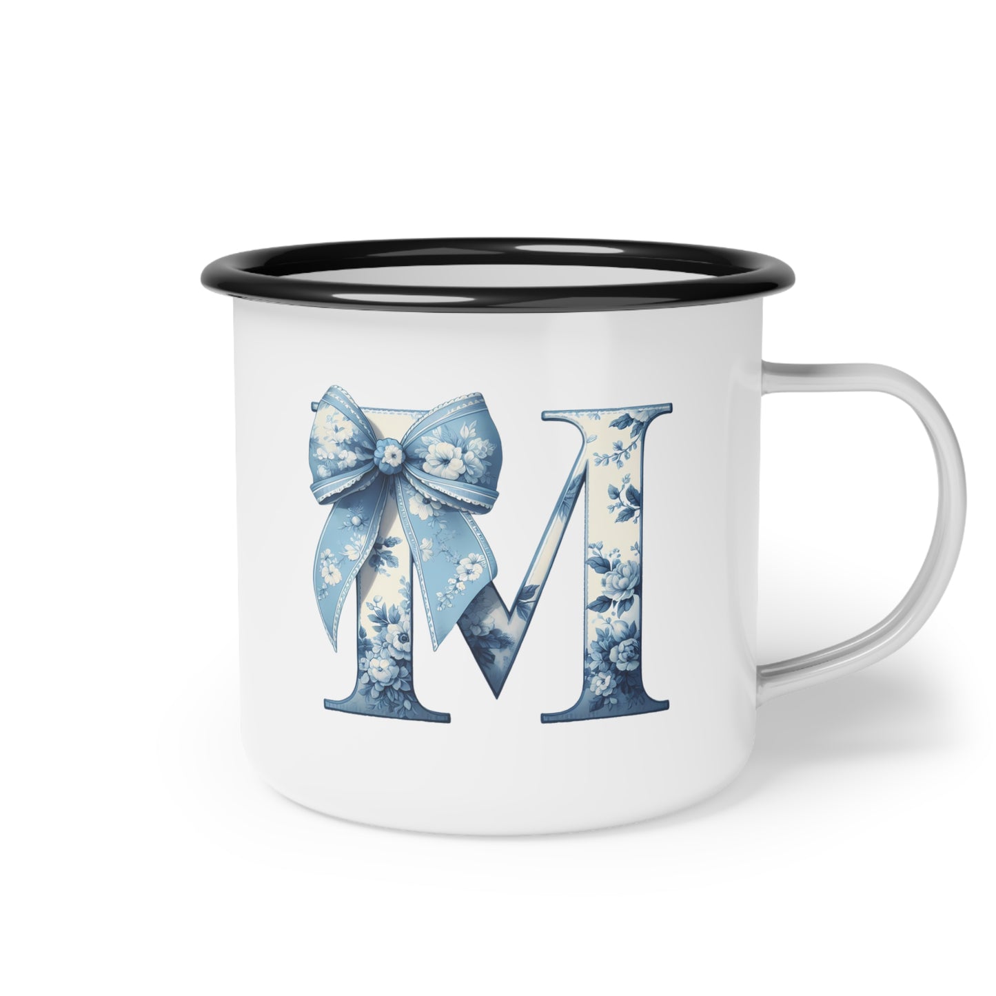 Enamel Camp Cup, Customize Blue Floral, Great for Gifts, Unique Kid Cups, Keepsake Mug, Blue  Bow Design