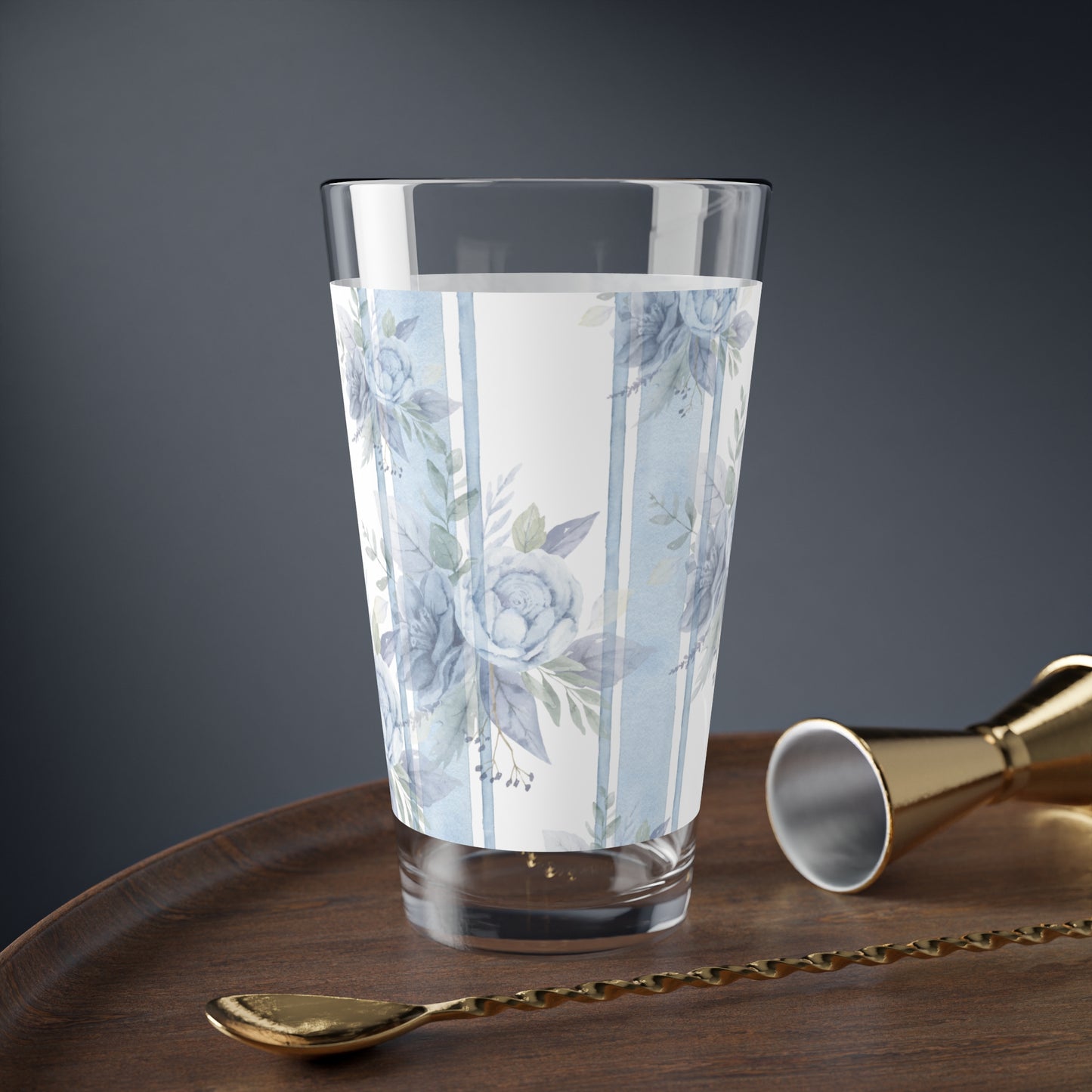 Elegant Floral Mixing Glass - 16oz Drinkware for Home Bar, Party Decor, Wedding Gift, Kitchen Accessory, Blue Rose Design