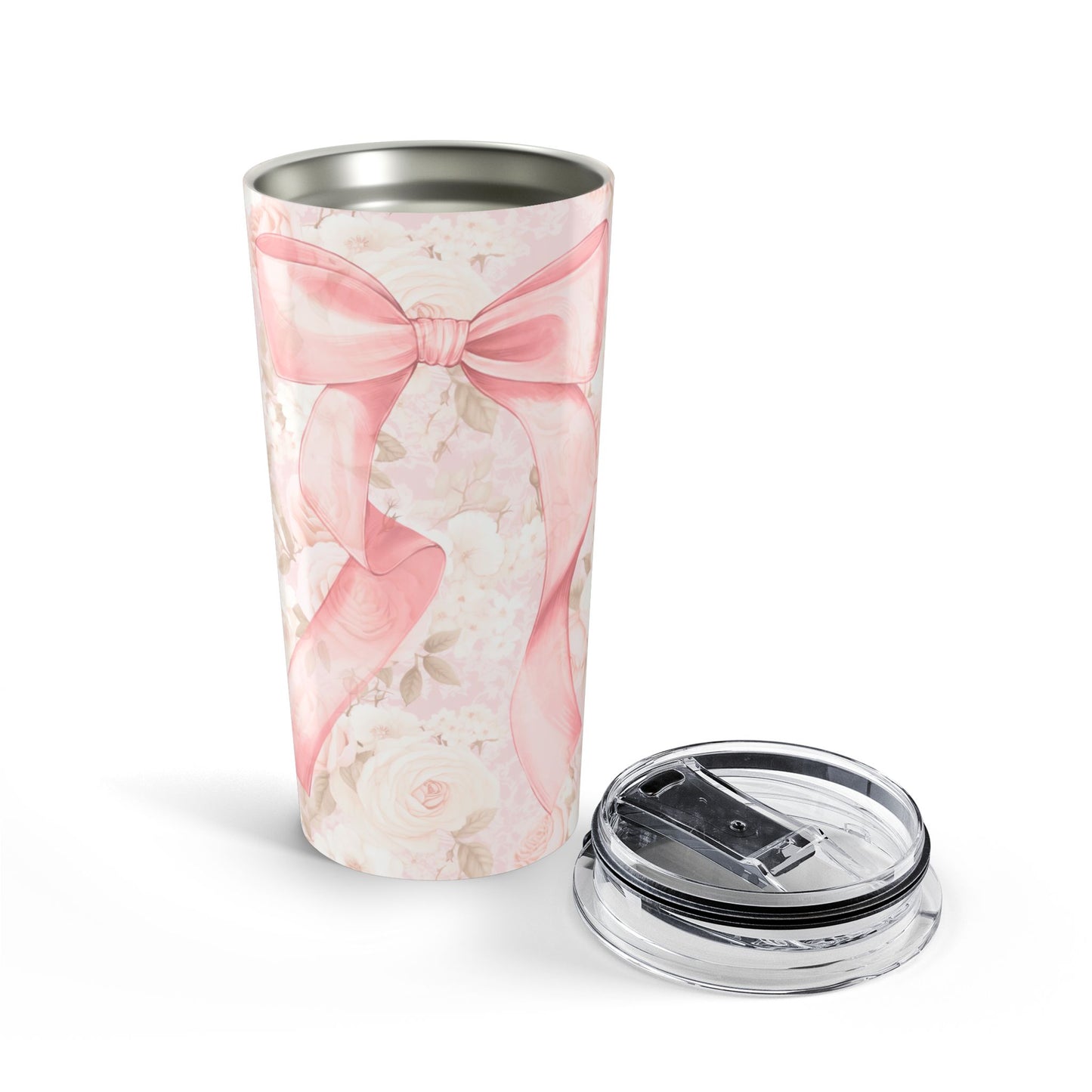 Elegant Floral Tumbler with Pink Ribbon, Personalized Drinkware for Weddings, Gifts, Parties, and Everyday Use