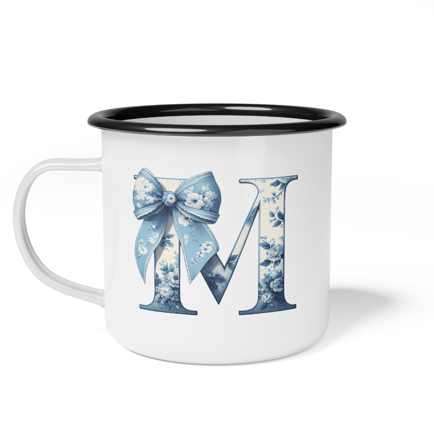 Enamel Camp Cup, Customize Blue Floral, Great for Gifts, Unique Kid Cups, Keepsake Mug, Blue  Bow Design
