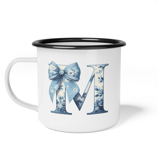Enamel Camp Cup, Customize Blue Floral, Great for Gifts, Unique Kid Cups, Keepsake Mug, Blue  Bow Design