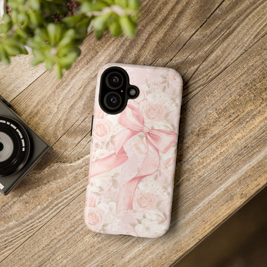 Phone Case, Pink Bow Floral Design, Great Gift, Stocking Stuffer, Strong Tough Cover, Unique Case