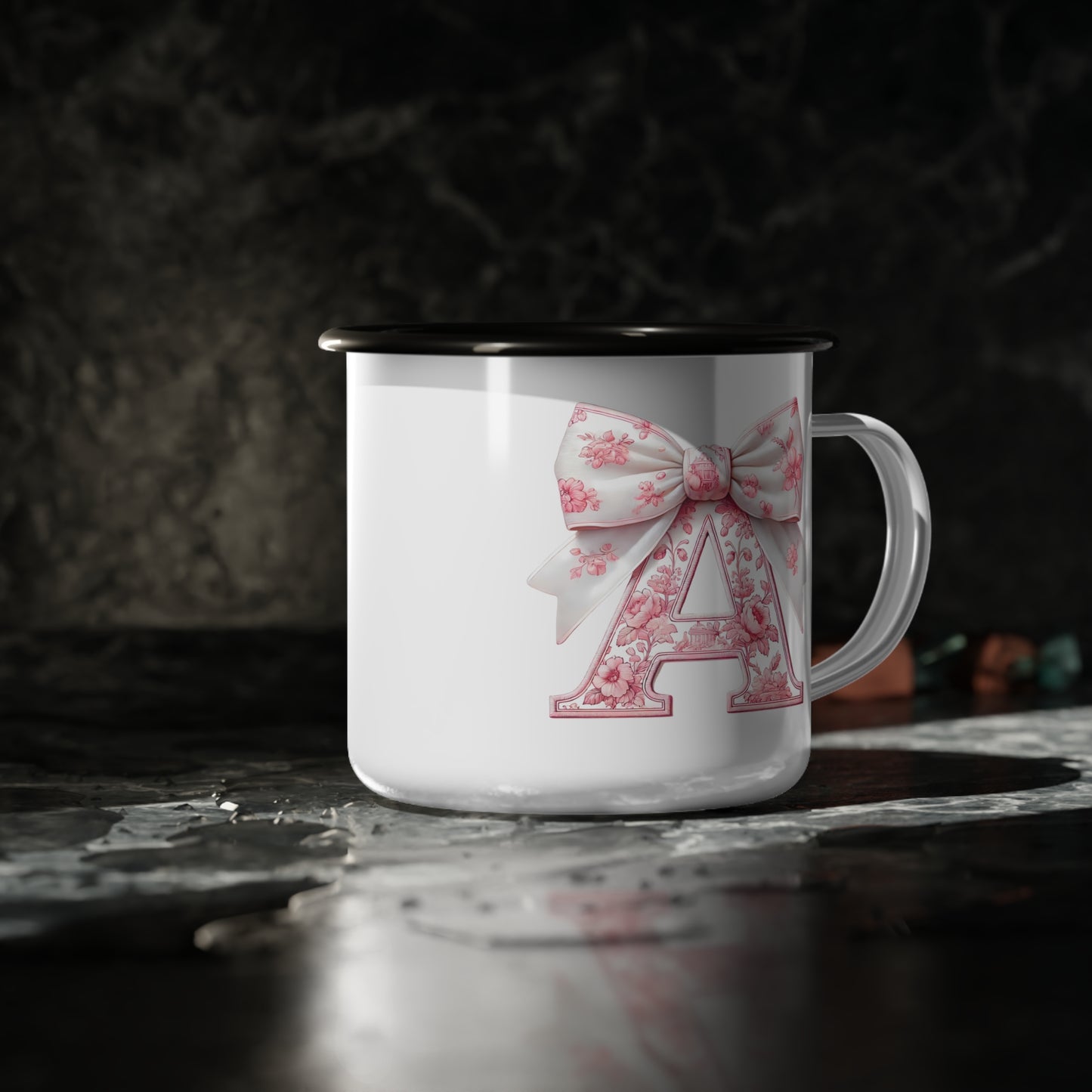 Enamel Camp Cup, Customize Pink Floral, Great for Gifts, Unique Kid Cups, Keepsake Mug, Pink Bow Design