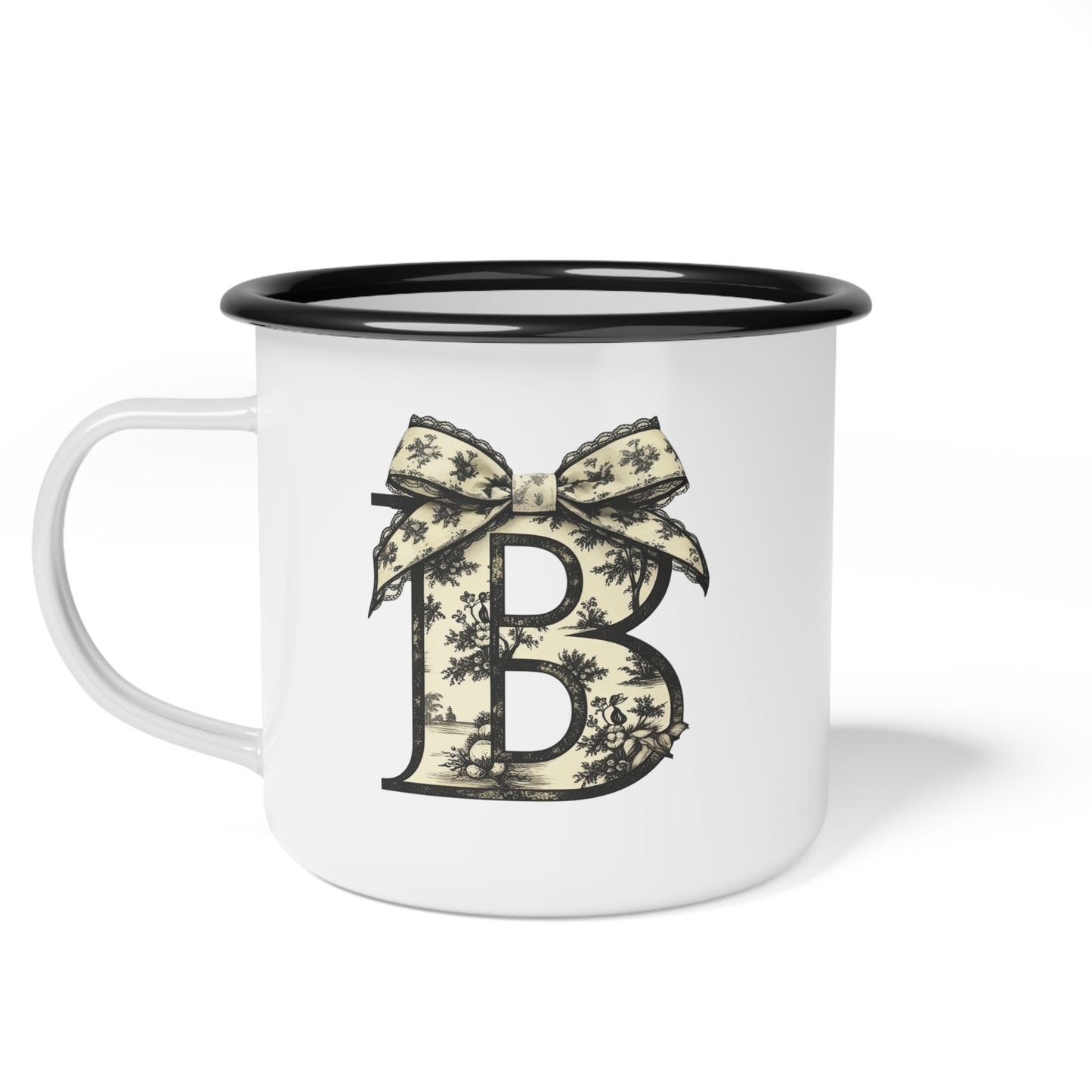 Enamel Camp Cup, Customize Tan/Charcoal Floral, Great for Gifts, Unique Kid Cups, Keepsake Mug, Tan Bow Design