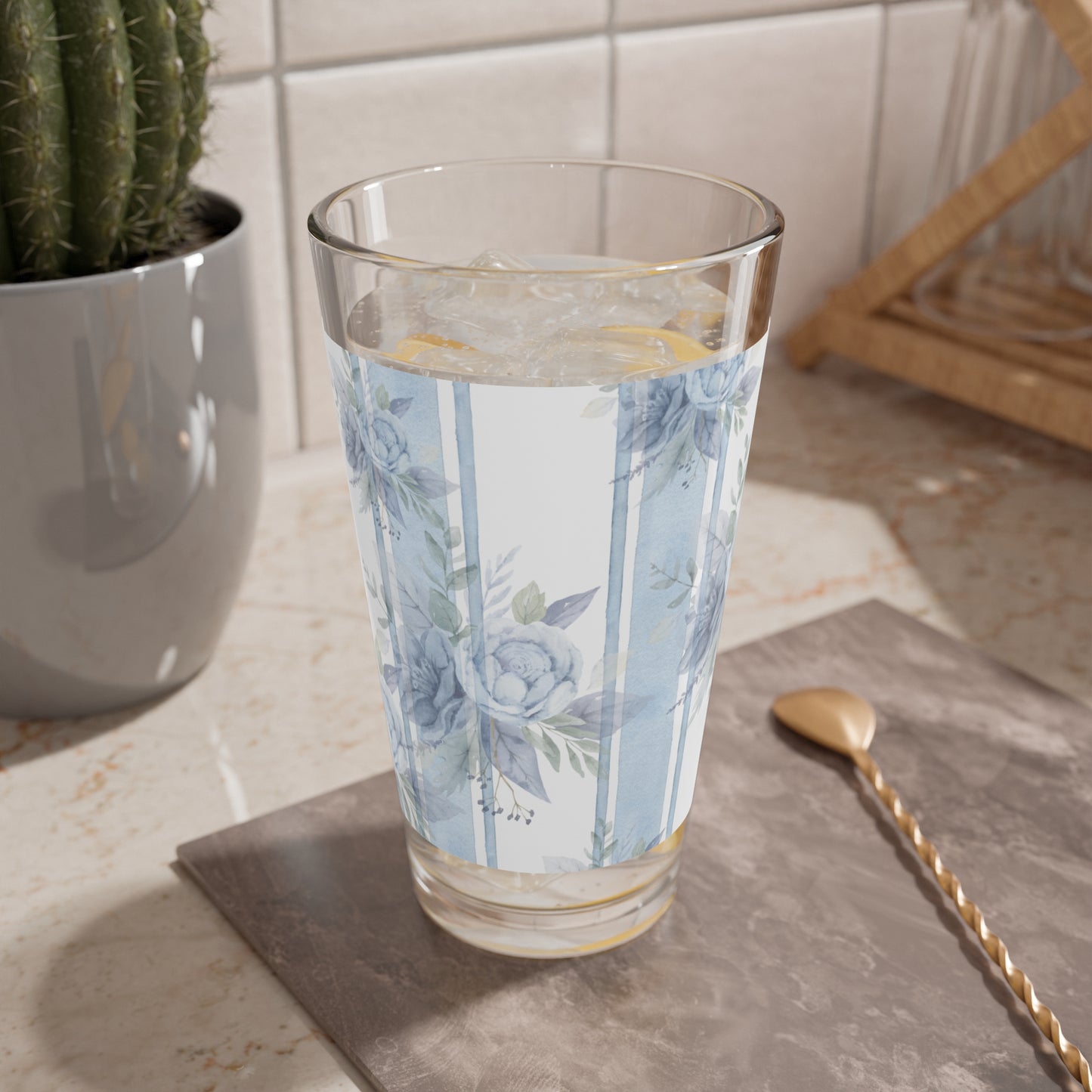 Elegant Floral Mixing Glass - 16oz Drinkware for Home Bar, Party Decor, Wedding Gift, Kitchen Accessory, Blue Rose Design