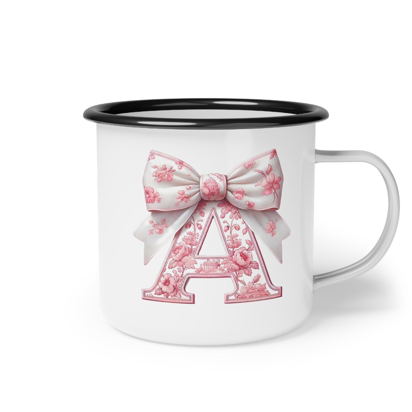 Enamel Camp Cup, Customize Pink Floral, Great for Gifts, Unique Kid Cups, Keepsake Mug, Pink Bow Design