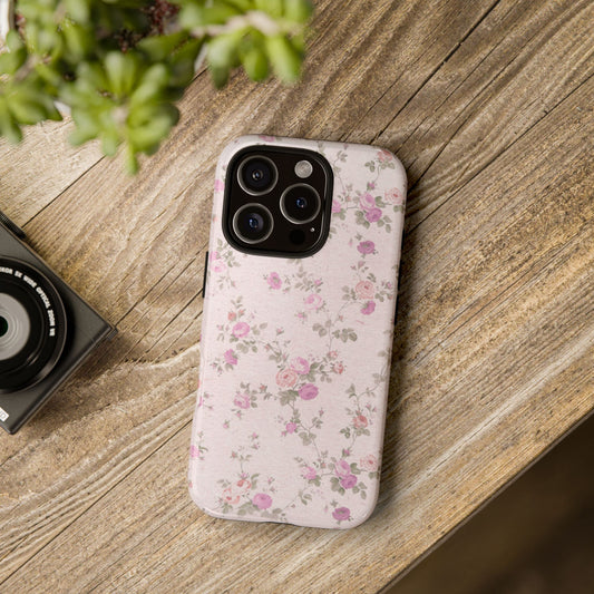 Tough Cases, Pink Floral Vintage Phone Case, Cottage Style, Tough Phone Cover, Gift for Her, Timeless Design, Protective Phone Case