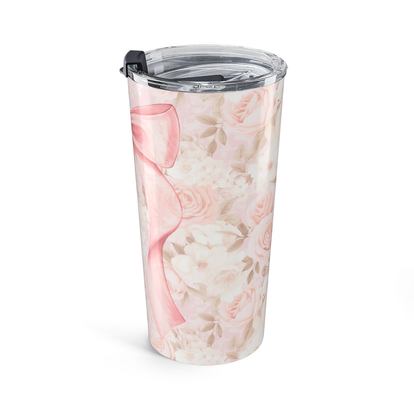 Elegant Floral Tumbler with Pink Ribbon, Personalized Drinkware for Weddings, Gifts, Parties, and Everyday Use