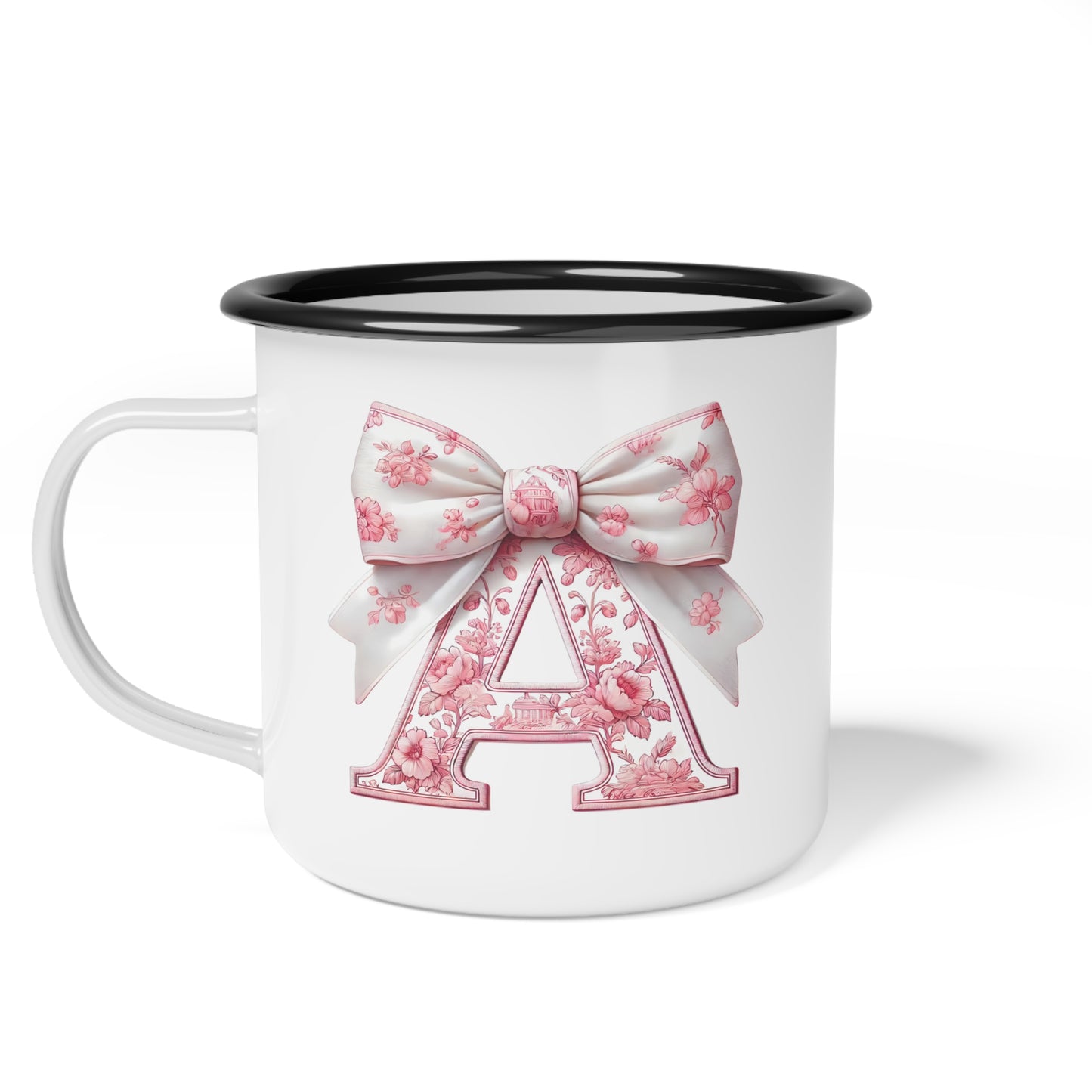 Enamel Camp Cup, Customize Pink Floral, Great for Gifts, Unique Kid Cups, Keepsake Mug, Pink Bow Design