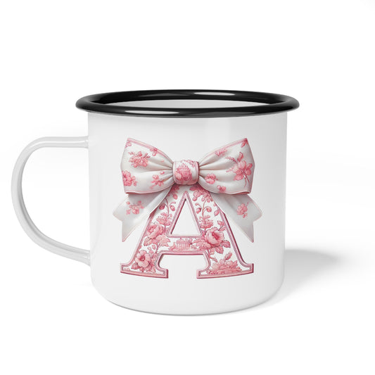 Enamel Camp Cup, Customize Pink Floral, Great for Gifts, Unique Kid Cups, Keepsake Mug, Pink Bow Design