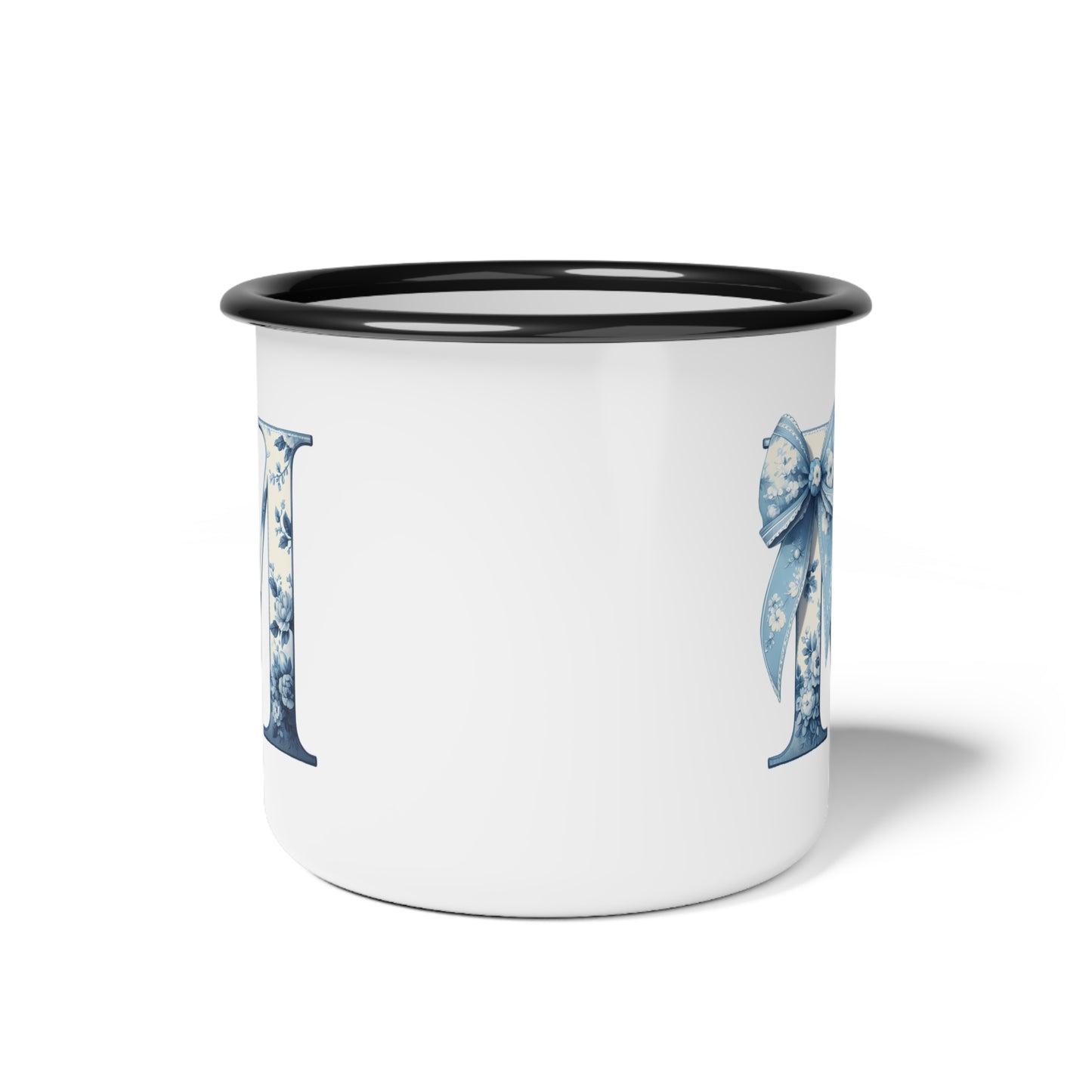 Enamel Camp Cup, Customize Blue Floral, Great for Gifts, Unique Kid Cups, Keepsake Mug, Blue  Bow Design