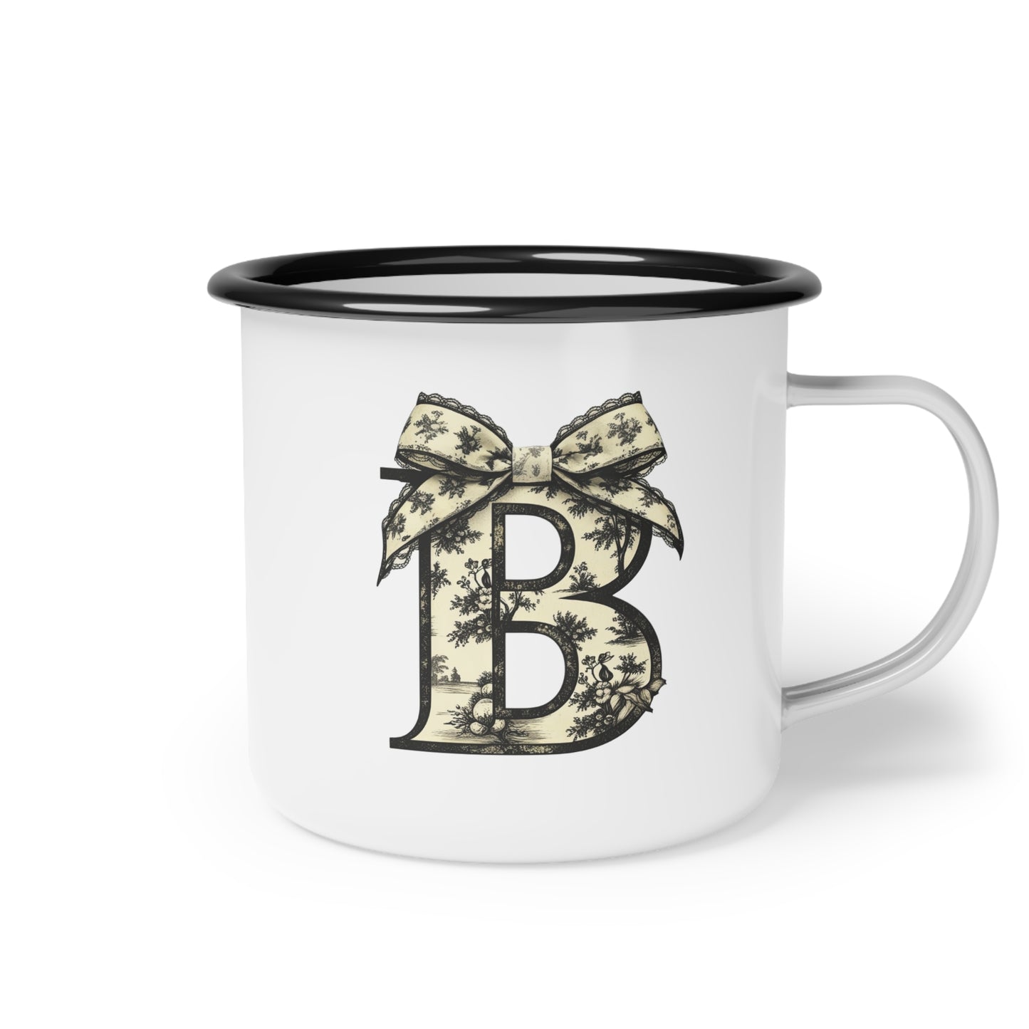 Enamel Camp Cup, Customize Tan/Charcoal Floral, Great for Gifts, Unique Kid Cups, Keepsake Mug, Tan Bow Design
