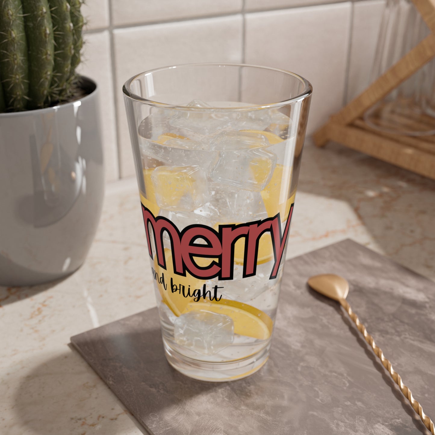 Merry Mixing Glass, 16oz Cocktail Tumblers, Holiday Party Drinkware, Christmas Glassware, Festive Barware, Gift for Home Mixologists