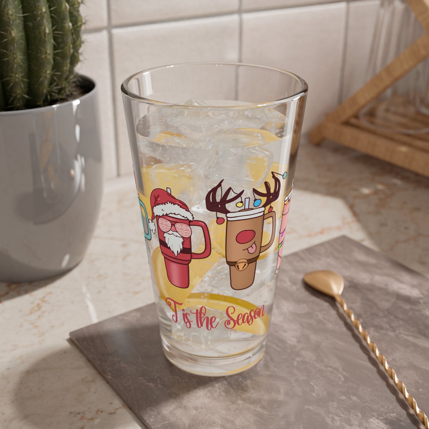 Festive Mixing Glass, Holiday Drinkware, Seasonal Party Glass, Christmas Gift, Cheerful Beverage Cup, Fun Kitchen Decor